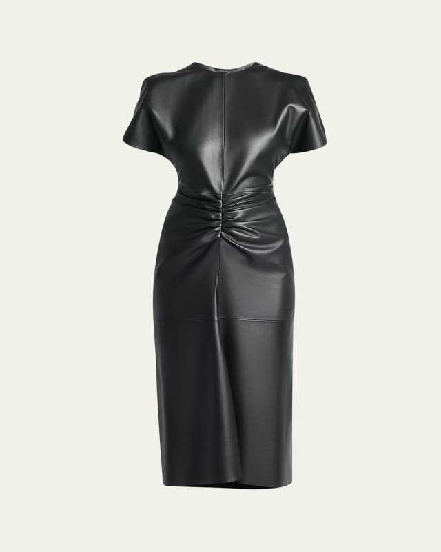 Gathered-Waist Puff-Sleeve Leather Midi Dress
